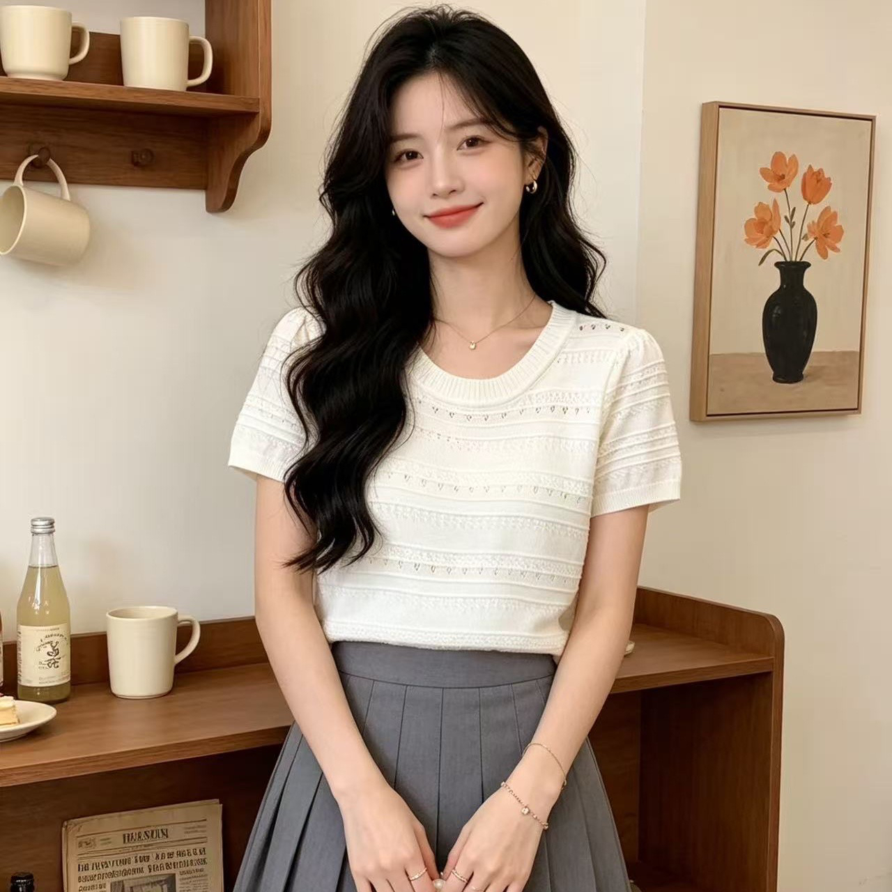 夏季杏色泡泡袖T恤冰絲圓領套頭2026新款超薄透氣小孔針織打底衫