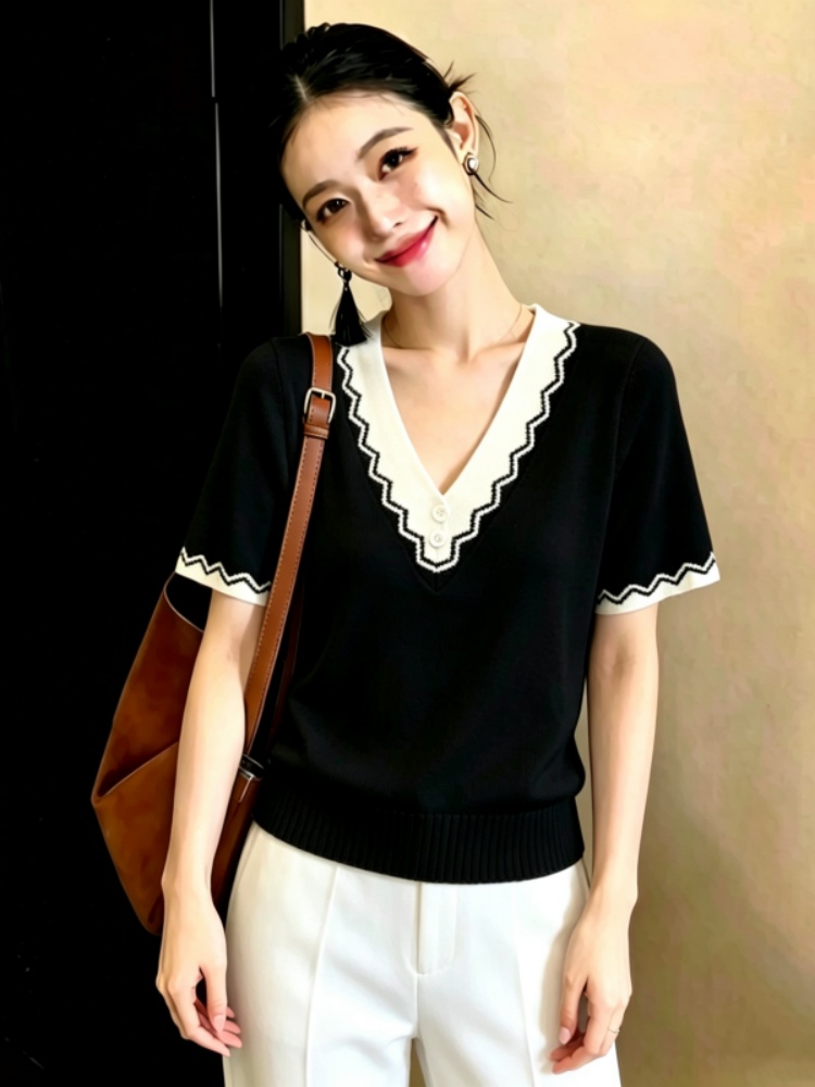獨特漂亮好看洋氣設計感V領短袖T恤女裝新款夏季爆款拼接針織上衣