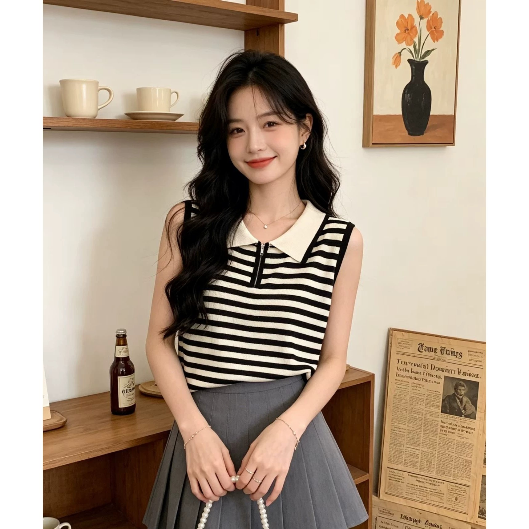 韓系經典黑白條紋Polo領針織馬甲女夏季半拉鏈無袖修身顯瘦背心潮