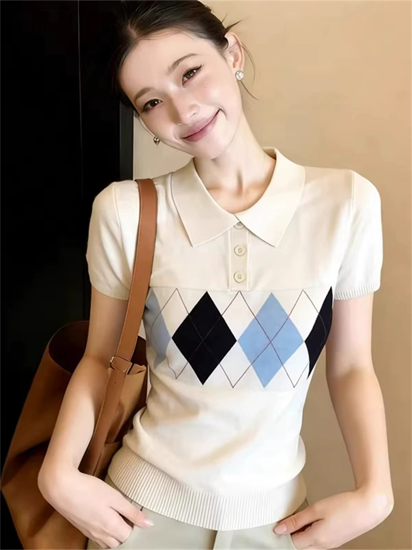 學院風菱格polo領正肩短袖T恤女夏季大碼微胖MM顯瘦修身針織上衣
