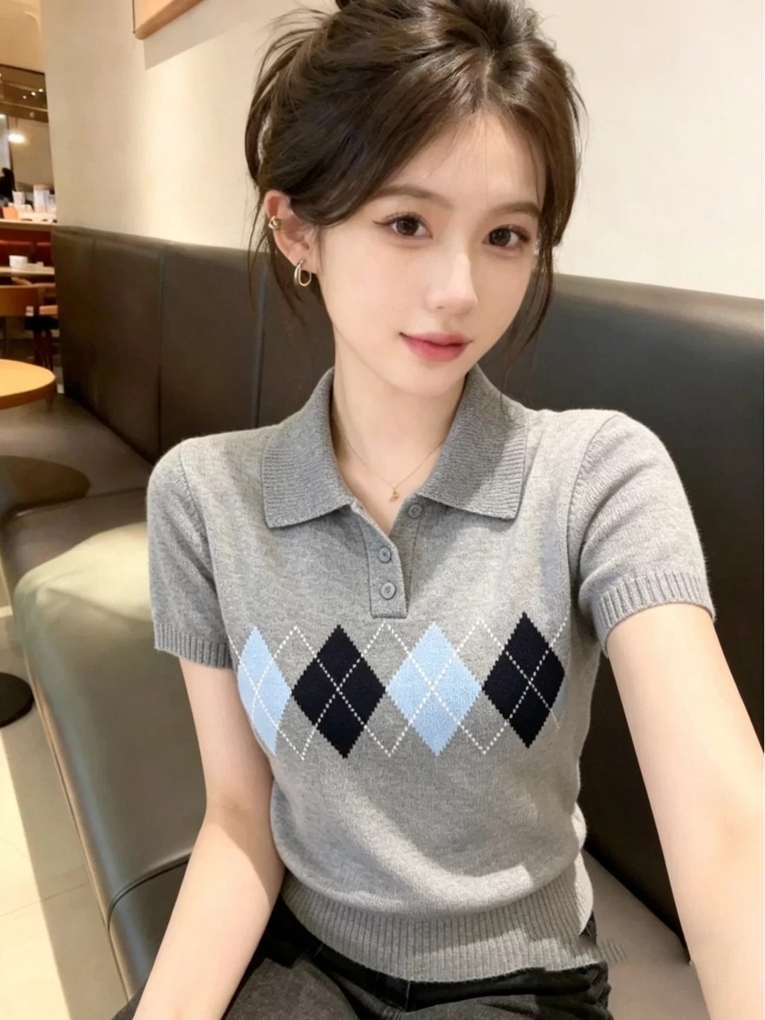 韓版獨特高級感菱格Polo領針織短袖t恤女夏季薄款高質量灰色上衣