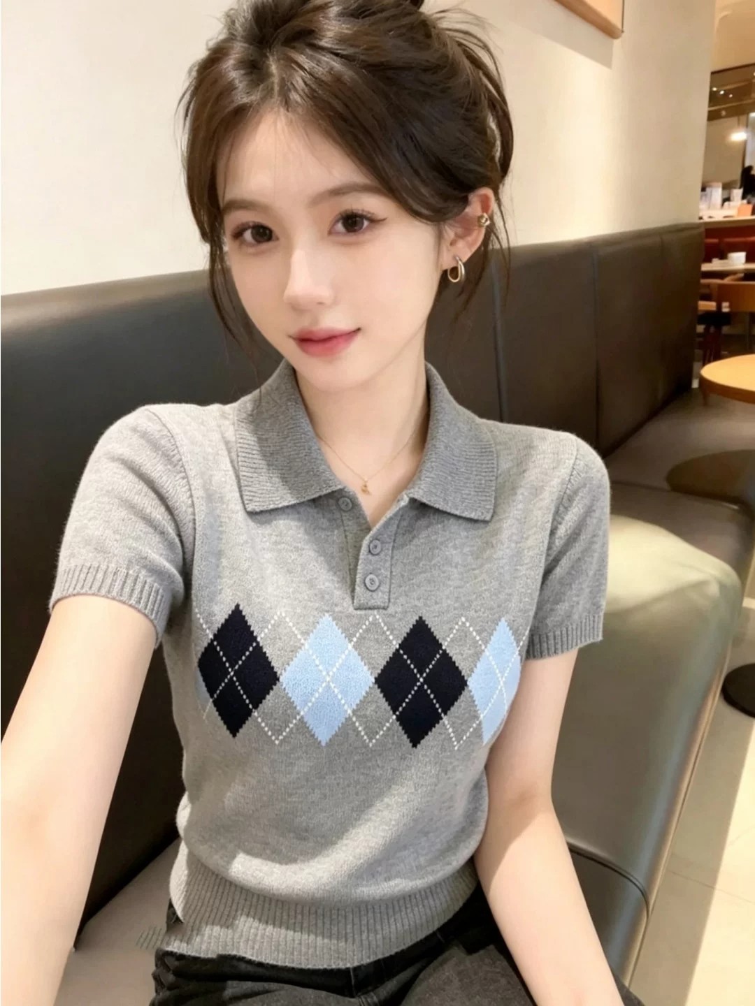 韓版獨特高級感菱格Polo領針織短袖t恤女夏季薄款高質量灰色上衣