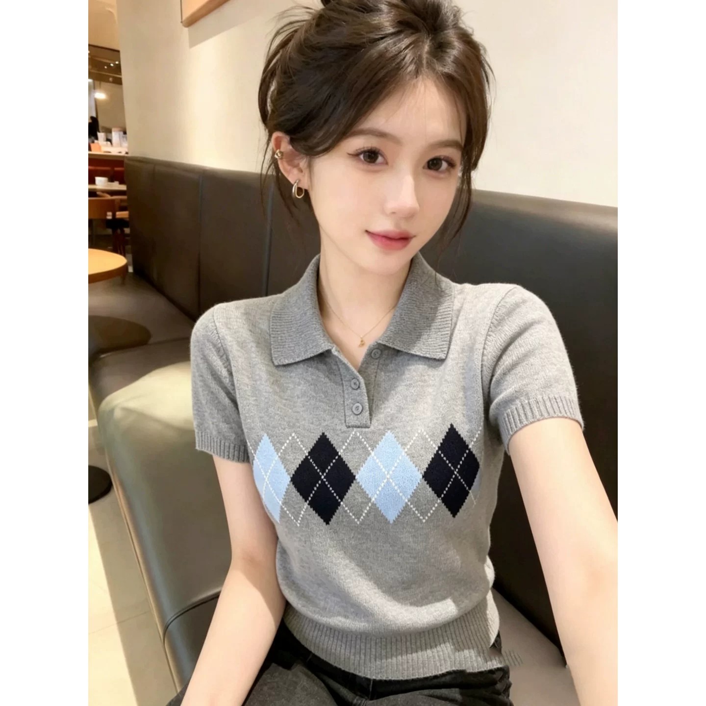 韓版獨特高級感菱格Polo領針織短袖t恤女夏季薄款高質量灰色上衣
