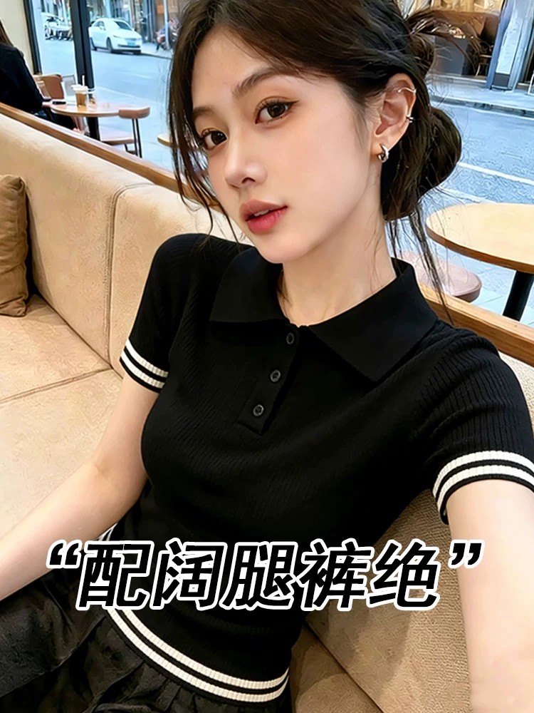 輕熟溫柔黑色翻領短袖針織衫女夏獨特別致顯瘦休閑t恤內搭打底衣