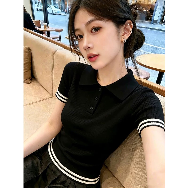 輕熟溫柔黑色翻領短袖針織衫女夏獨特別致顯瘦休閑t恤內搭打底衣
