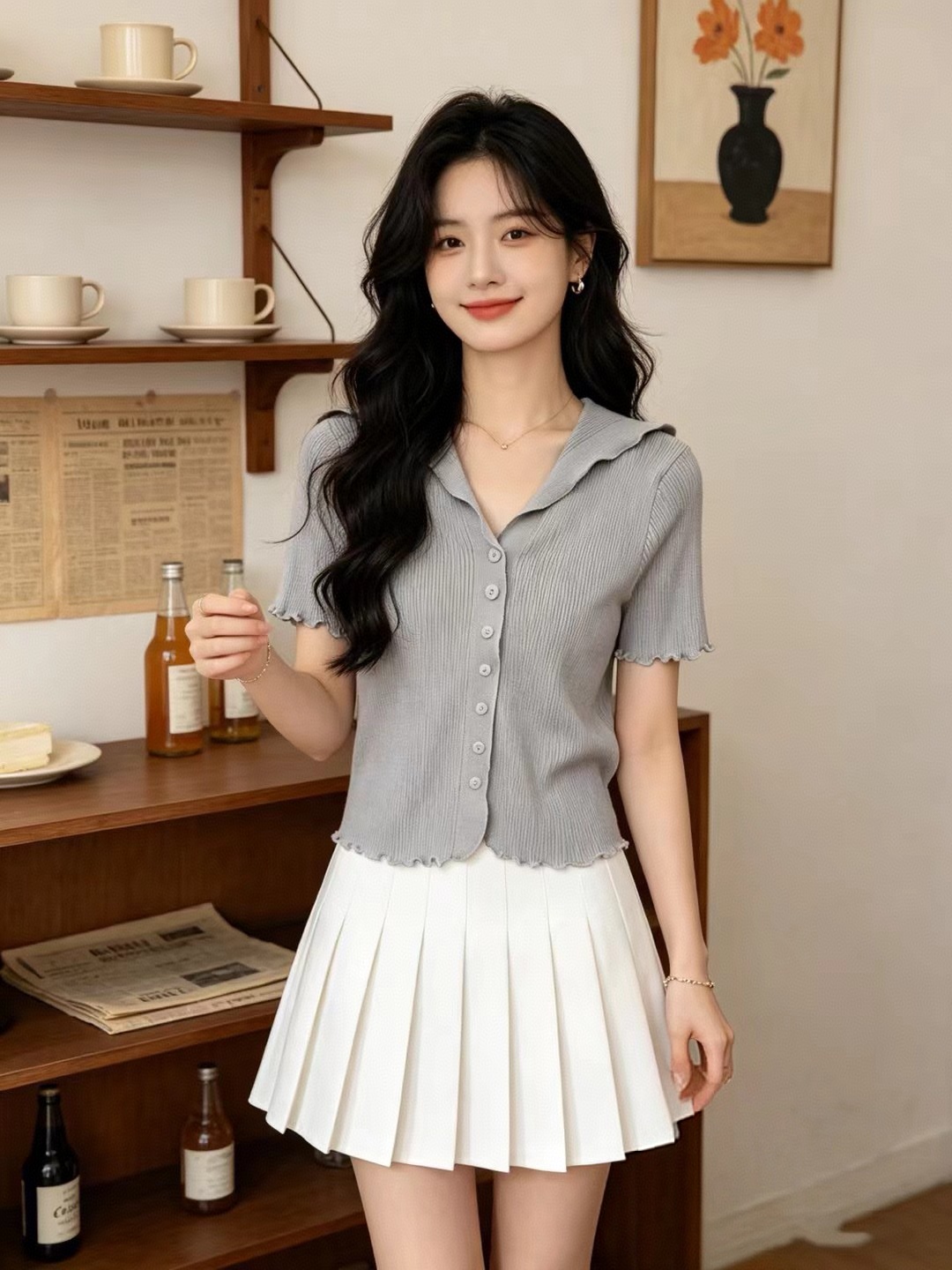 韓版甜美百搭翻領薄款針織開衫女修身顯瘦減齡上衣