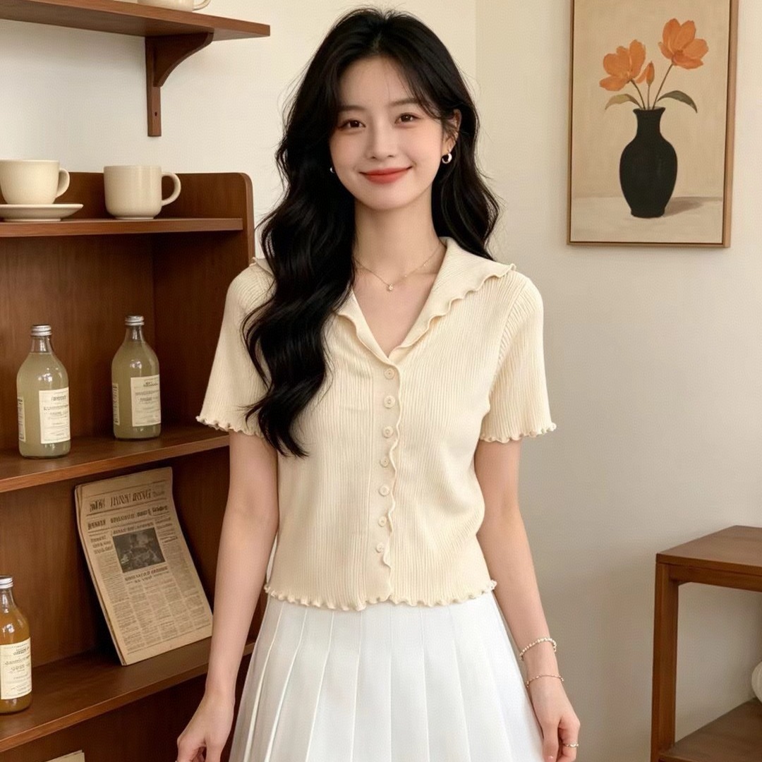 韓版甜美百搭翻領薄款針織開衫女修身顯瘦減齡上衣