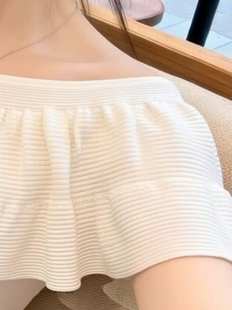 新款女裝辣妹荷葉邊一字肩鎖骨上衣夏季露肩短袖針織衫女