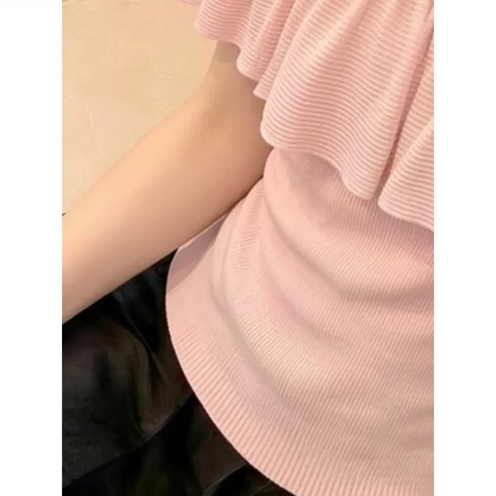 新款女裝辣妹荷葉邊一字肩鎖骨上衣夏季露肩短袖針織衫女