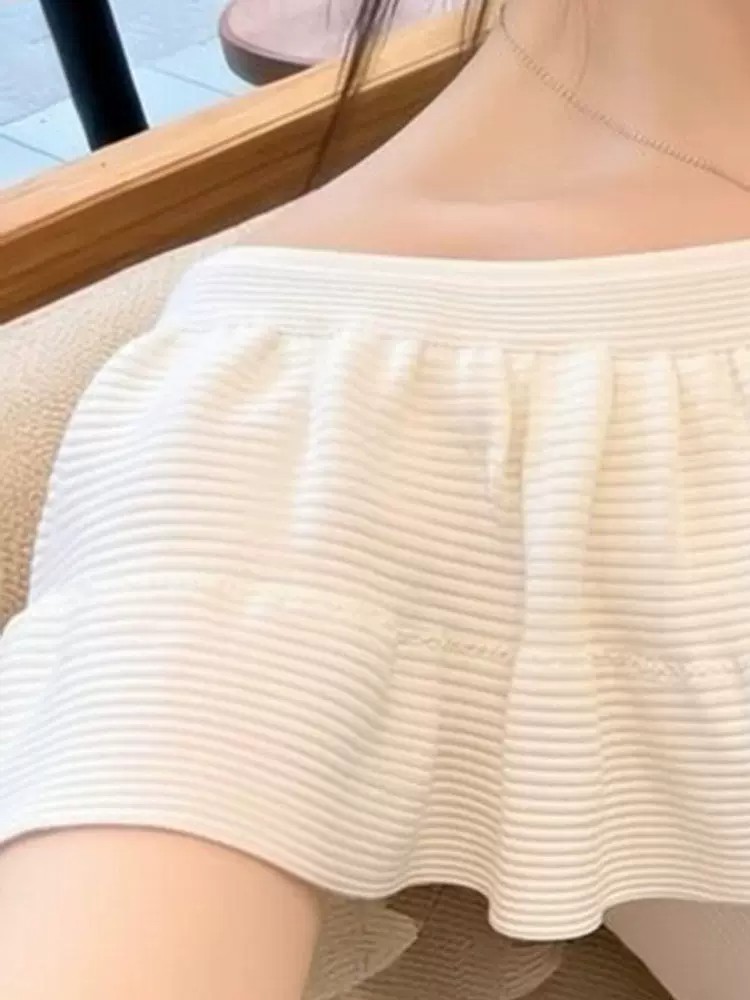 夏季獨特溫柔風純色百搭一字露肩短袖t恤女設計感荷葉邊百搭上衣