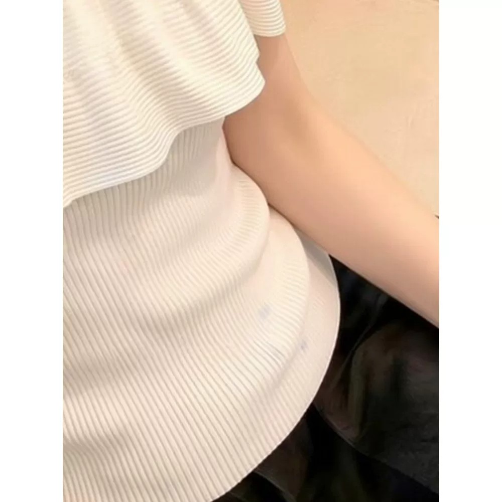 夏季獨特溫柔風純色百搭一字露肩短袖t恤女設計感荷葉邊百搭上衣