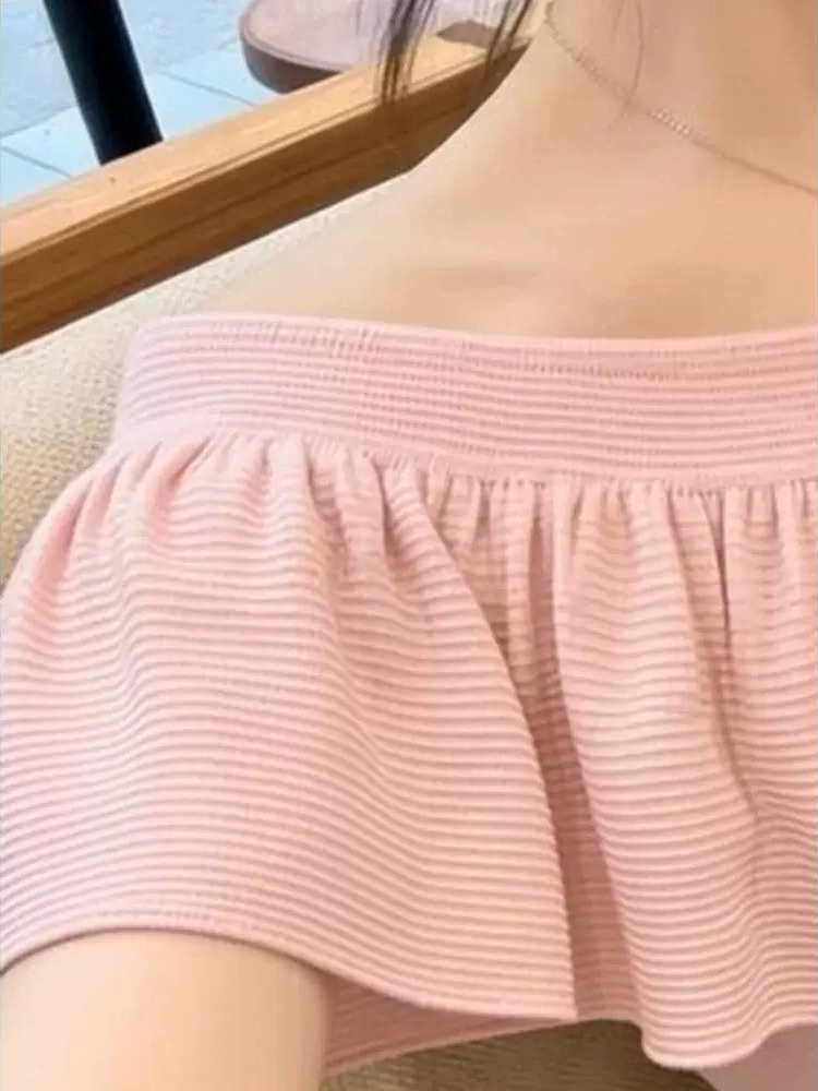 夏季獨特溫柔風純色百搭一字露肩短袖t恤女設計感荷葉邊百搭上衣