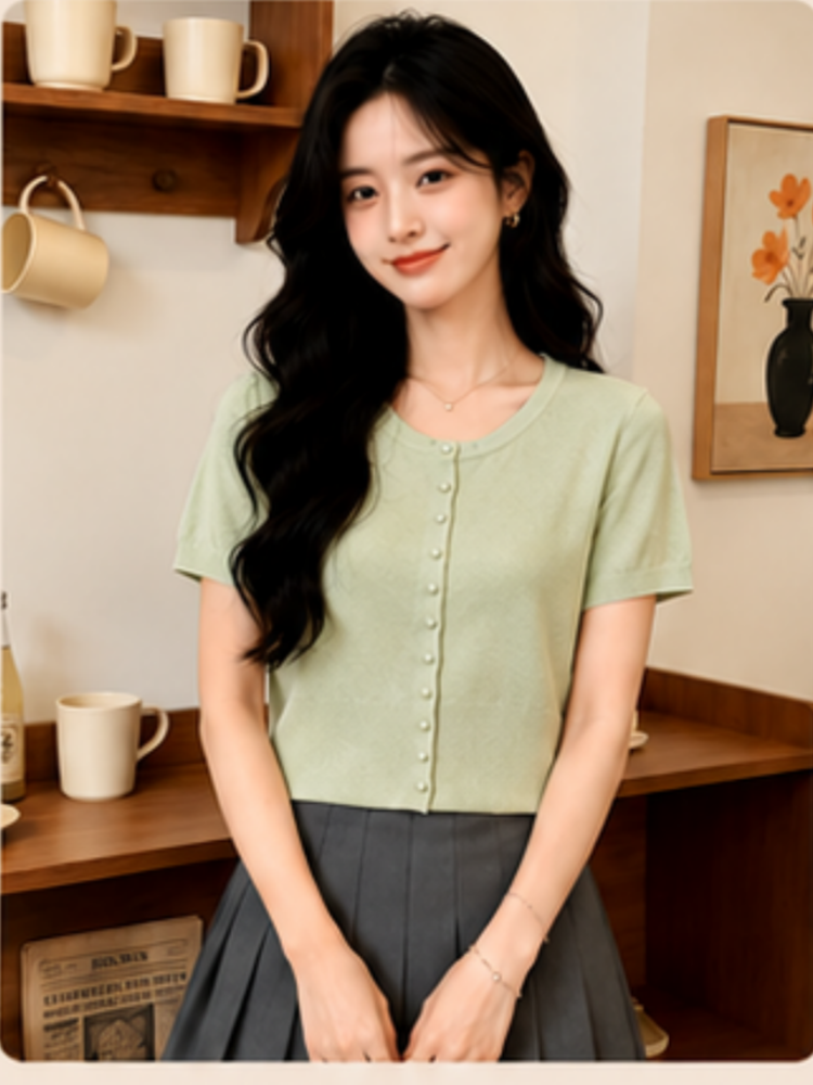 通勤簡約冰絲寬松薄款上衣女純色圓領百搭氣質短袖針織衫