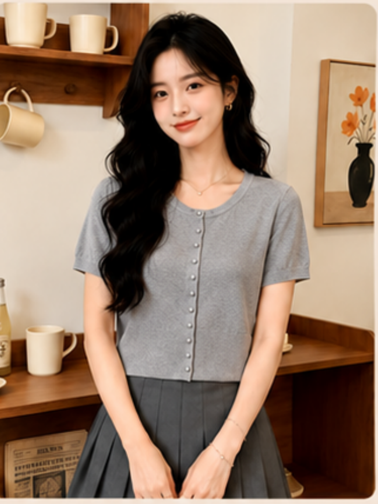 通勤簡約冰絲寬松薄款上衣女純色圓領百搭氣質短袖針織衫