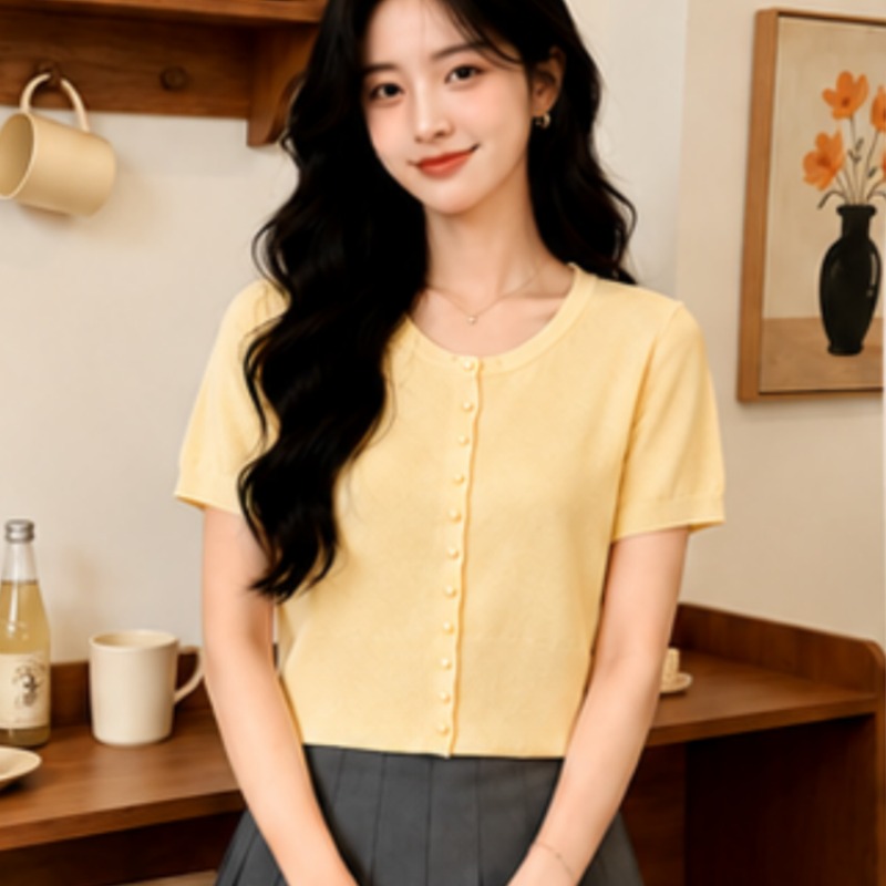通勤簡約冰絲寬松薄款上衣女純色圓領百搭氣質短袖針織衫