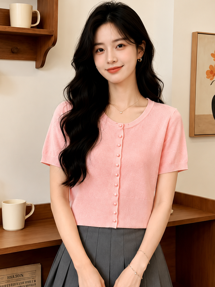 通勤簡約冰絲寬松薄款上衣女純色圓領百搭氣質短袖針織衫