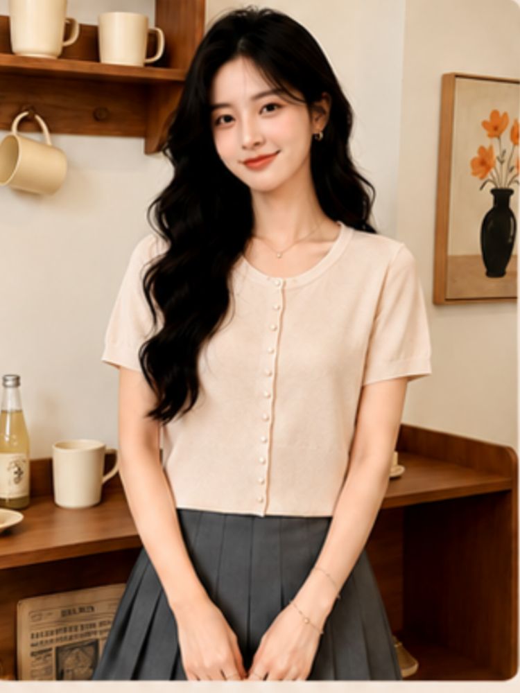 通勤簡約冰絲寬松薄款上衣女純色圓領百搭氣質短袖針織衫