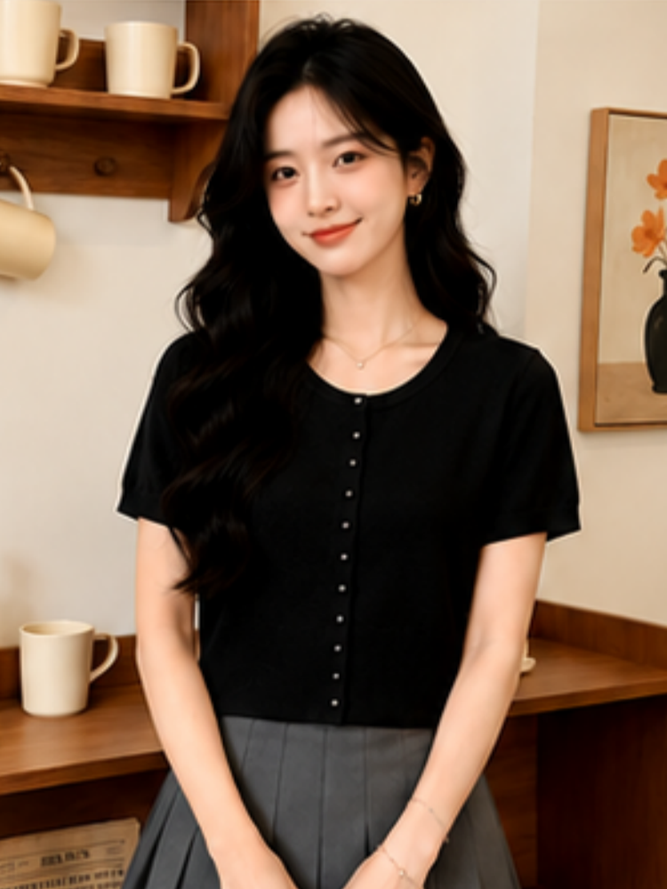 通勤簡約冰絲寬松薄款上衣女純色圓領百搭氣質短袖針織衫