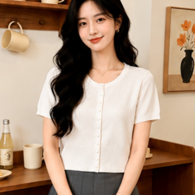 通勤簡約冰絲寬松薄款上衣女純色圓領百搭氣質短袖針織衫