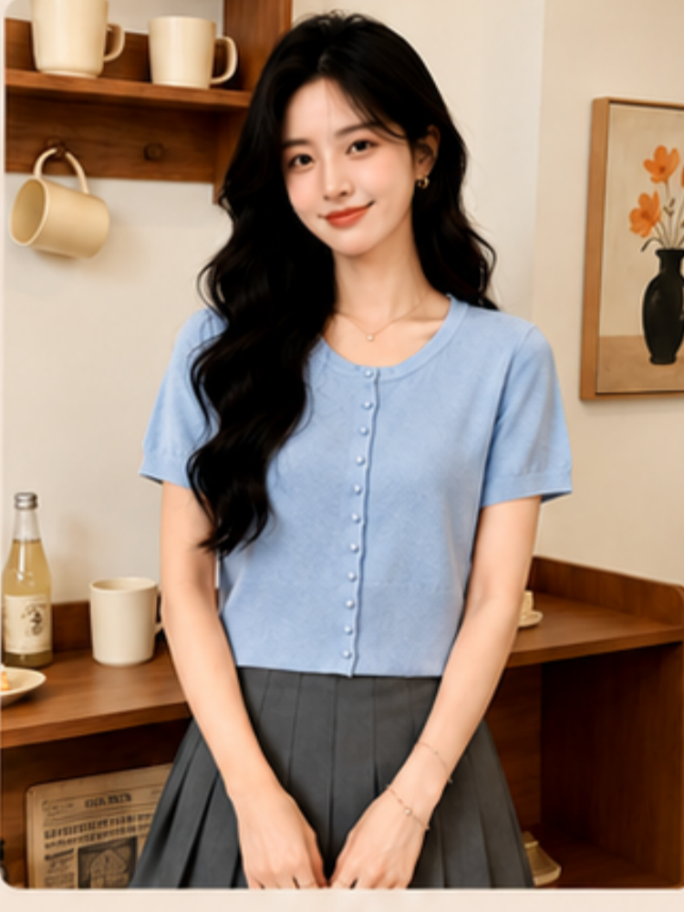 通勤簡約冰絲寬松薄款上衣女純色圓領百搭氣質短袖針織衫