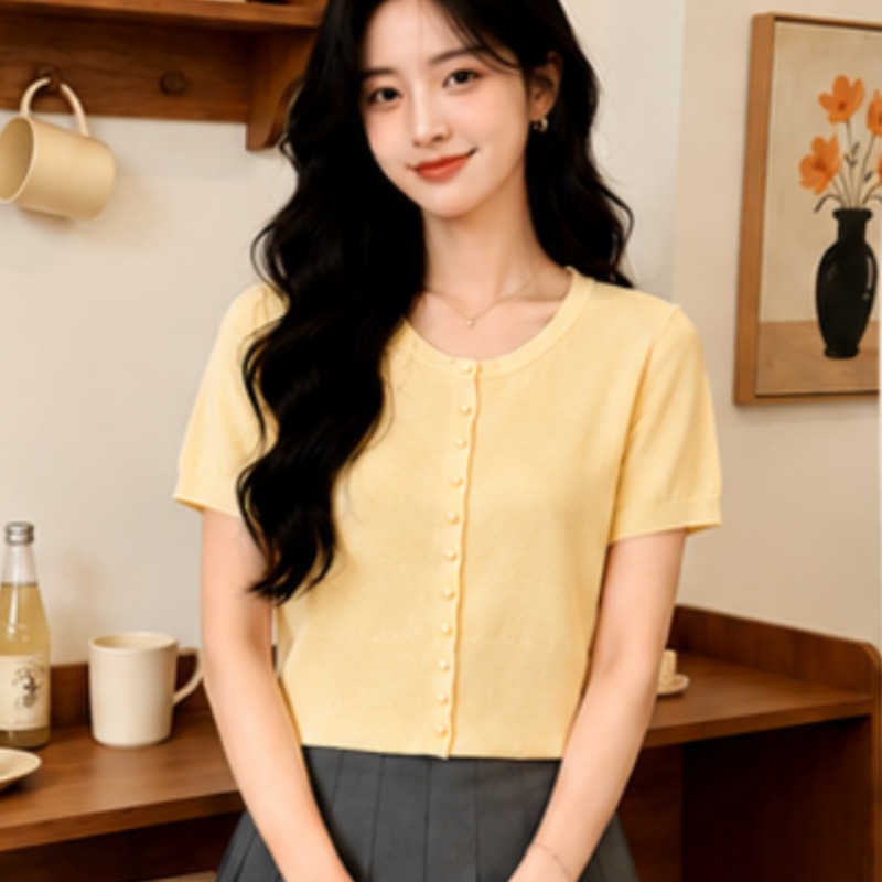 通勤簡約冰絲寬松薄款上衣女純色圓領百搭氣質短袖針織衫