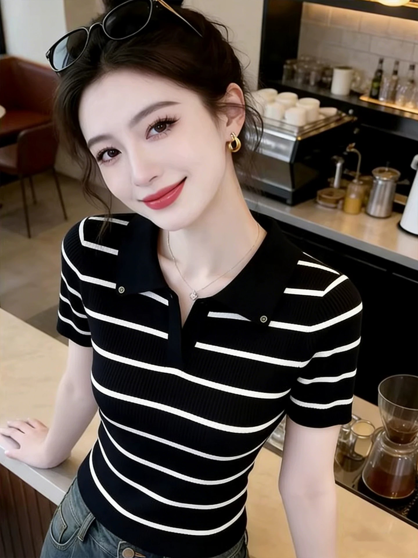 韓系風氣質條紋polo領短袖針織衫女夏季新款修身顯瘦時尚減齡上衣