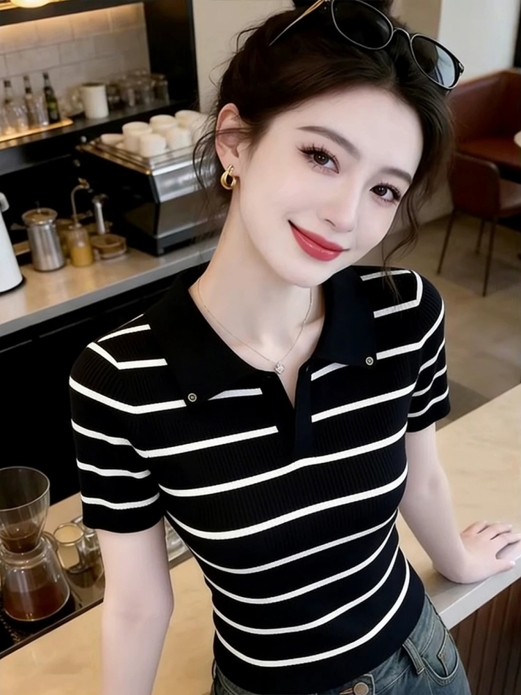 韓系風氣質條紋polo領短袖針織衫女夏季新款修身顯瘦時尚減齡上衣