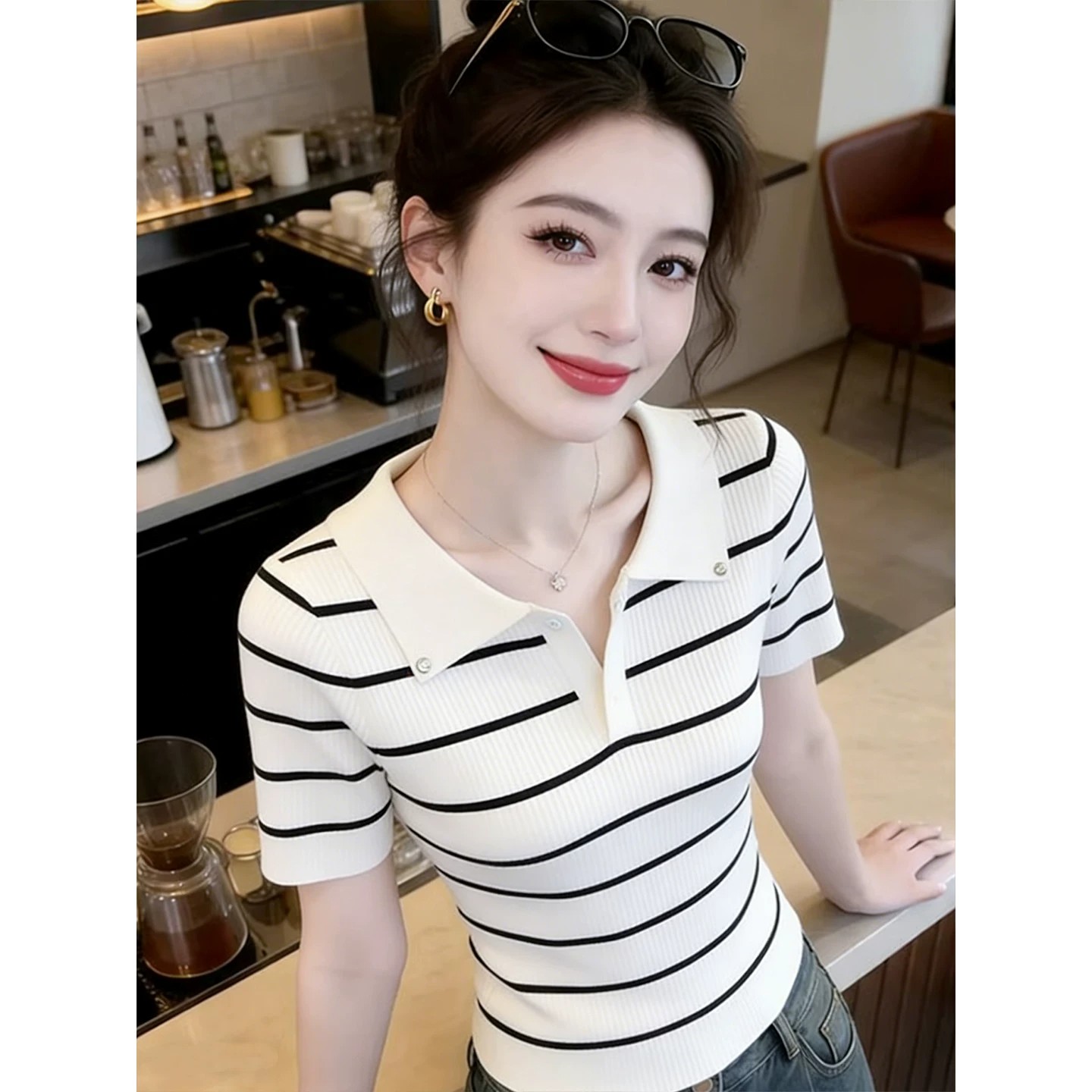 韓系風氣質條紋polo領短袖針織衫女夏季新款修身顯瘦時尚減齡上衣