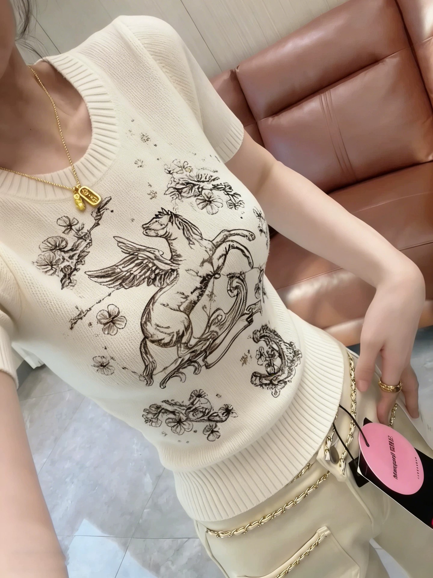 歐貨小馬圖案軟糯冰絲短袖針織衫女夏季新款時尚高級感超好看上衣