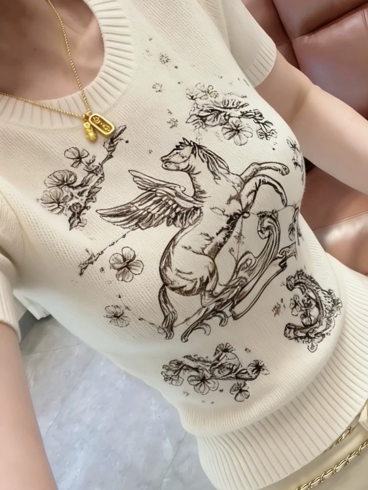 歐貨小馬圖案軟糯冰絲短袖針織衫女夏季新款時尚高級感超好看上衣