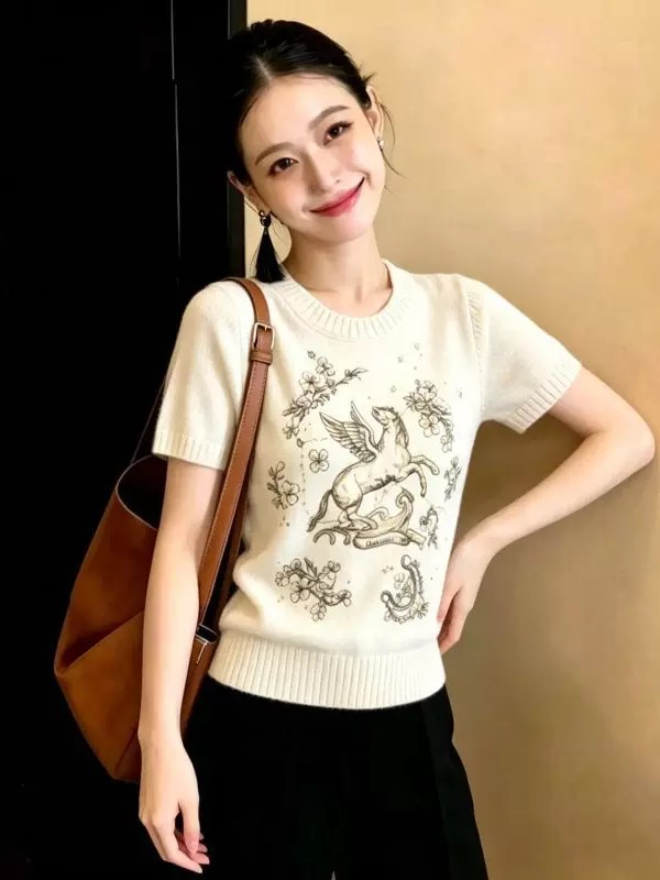 高級感小馬刺繡顯瘦短袖針織衫2026夏季新款休閑百搭套頭圓領上衣