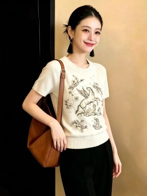 高級感小馬刺繡顯瘦短袖針織衫2026夏季新款休閑百搭套頭圓領上衣