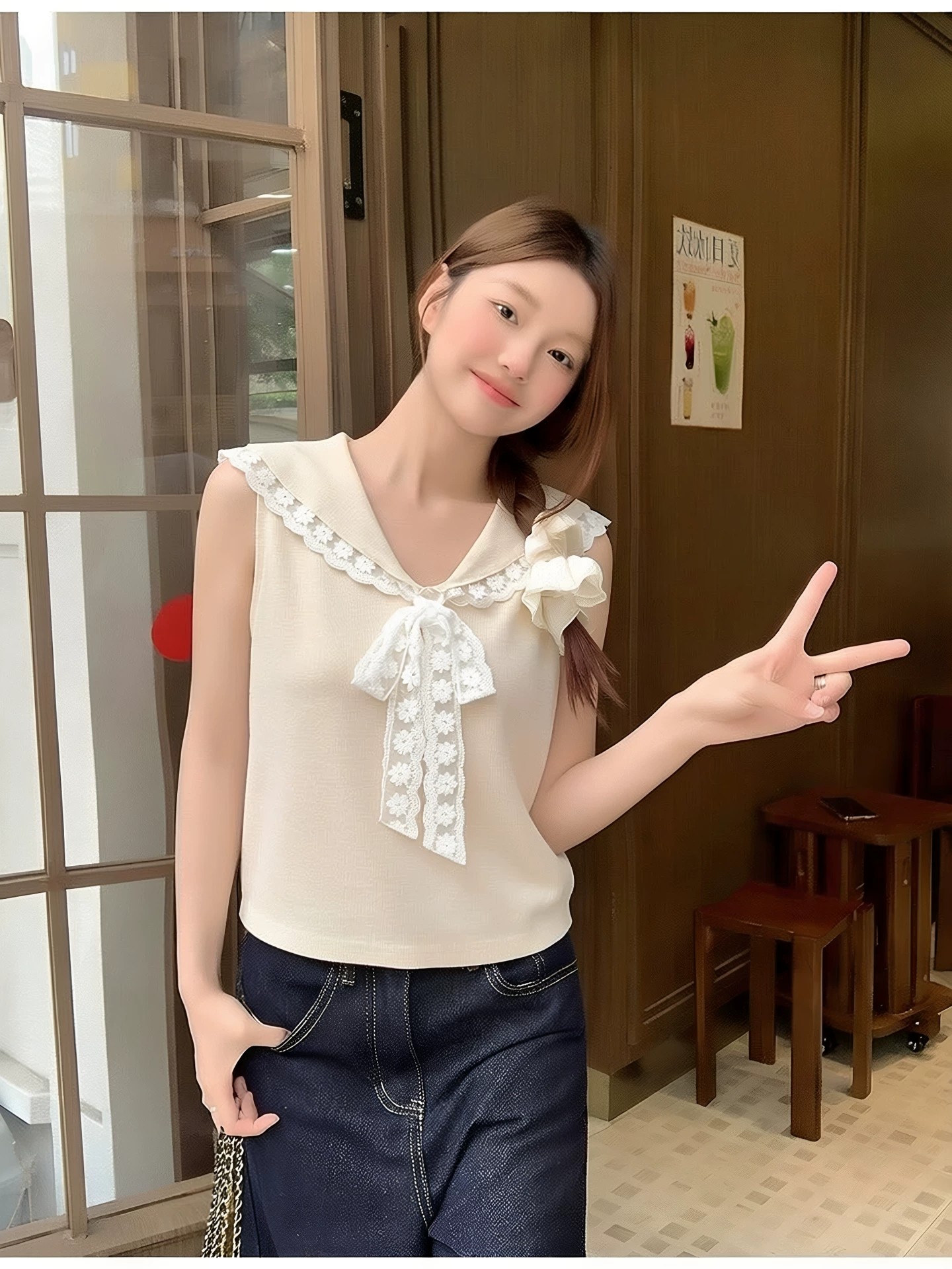 學院風海軍領蕾絲邊背心女夏季新款甜辣妹蝴蝶結收腰短款無袖上衣