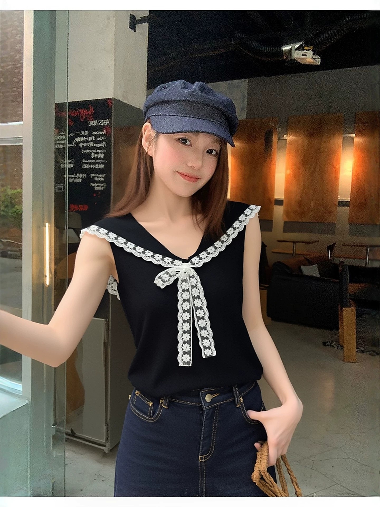 學院風海軍領蕾絲邊背心女夏季新款甜辣妹蝴蝶結收腰短款無袖上衣