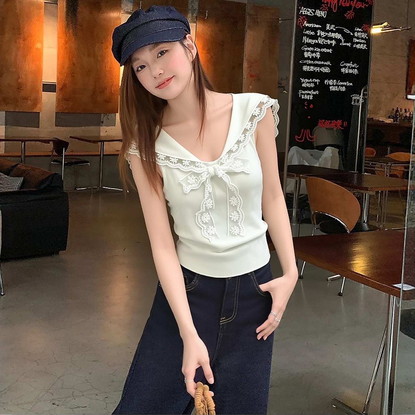 學院風海軍領蕾絲邊背心女夏季新款甜辣妹蝴蝶結收腰短款無袖上衣
