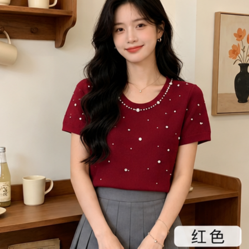 高級感重工釘珠冰絲針織衫上衣女夏季輕奢高端復古圓領短袖t恤薄