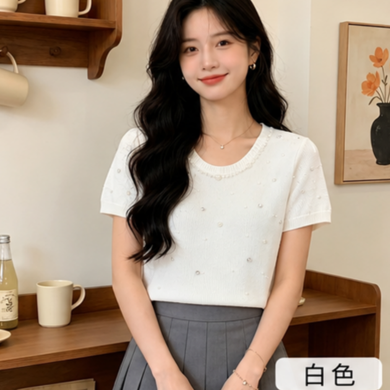 高級感重工釘珠冰絲針織衫上衣女夏季輕奢高端復古圓領短袖t恤薄