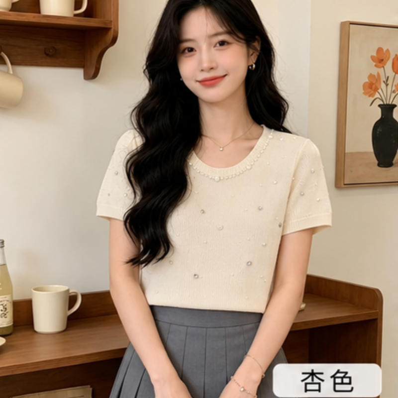 設計感小眾重工針織短袖t恤女夏季2026新款氣質修身顯瘦上衣
