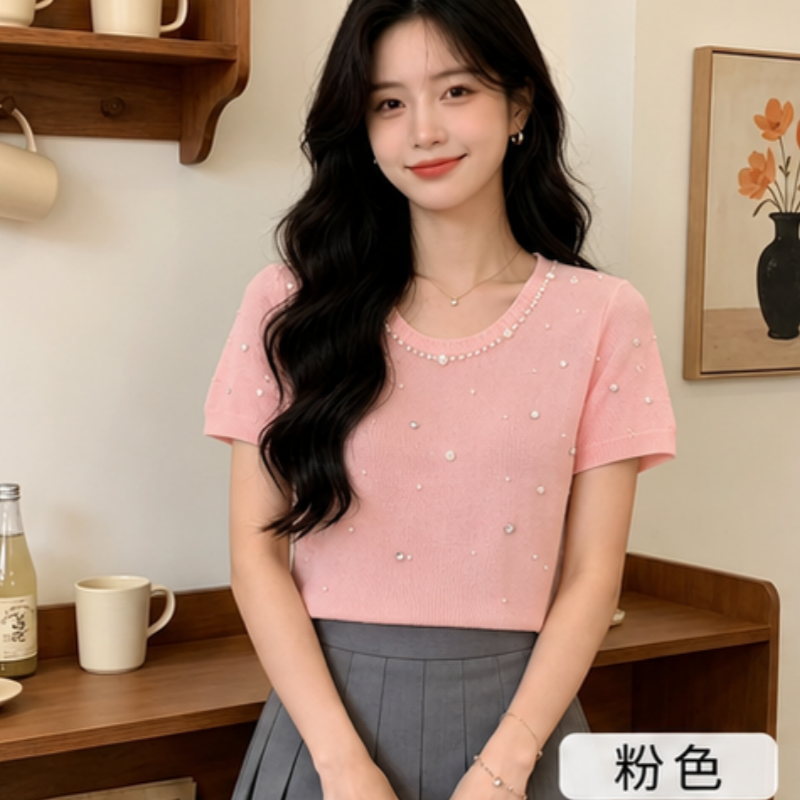 設計感小眾重工針織短袖t恤女夏季2026新款氣質修身顯瘦上衣