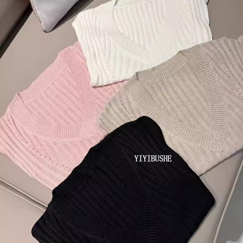 純欲辣妹粉紅坑條V領短袖針織衫女夏季新款軟糯修身顯瘦短款上衣