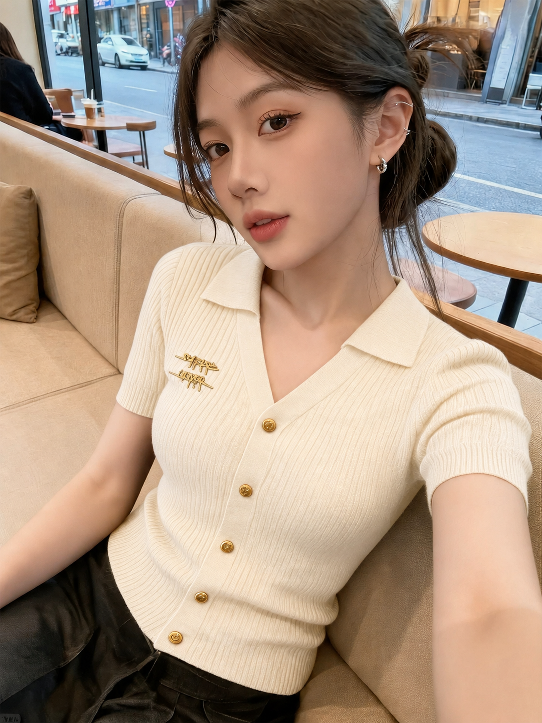 設計感灰色針織短袖t恤女夏季修身顯瘦氣質正肩巨好看polo衫上衣