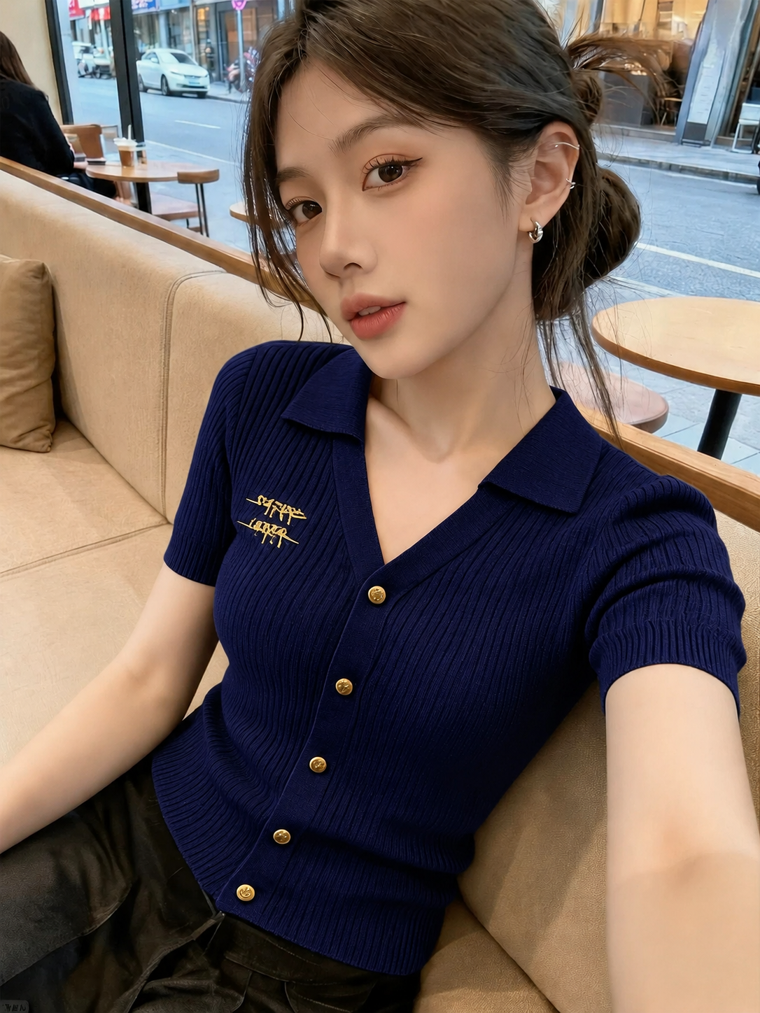 設計感灰色針織短袖t恤女夏季修身顯瘦氣質正肩巨好看polo衫上衣