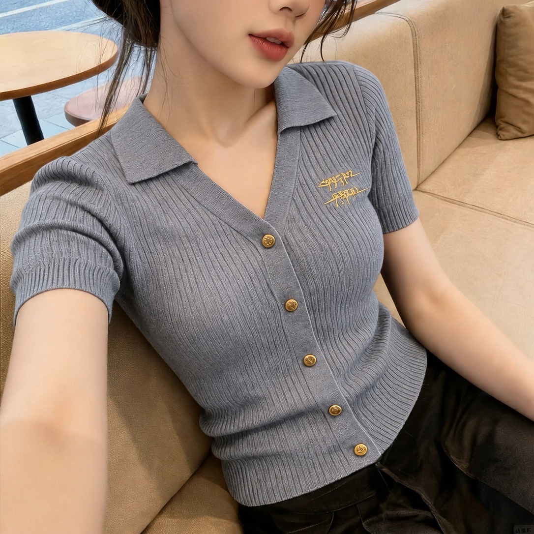 設計感灰色針織短袖t恤女夏季修身顯瘦氣質正肩巨好看polo衫上衣