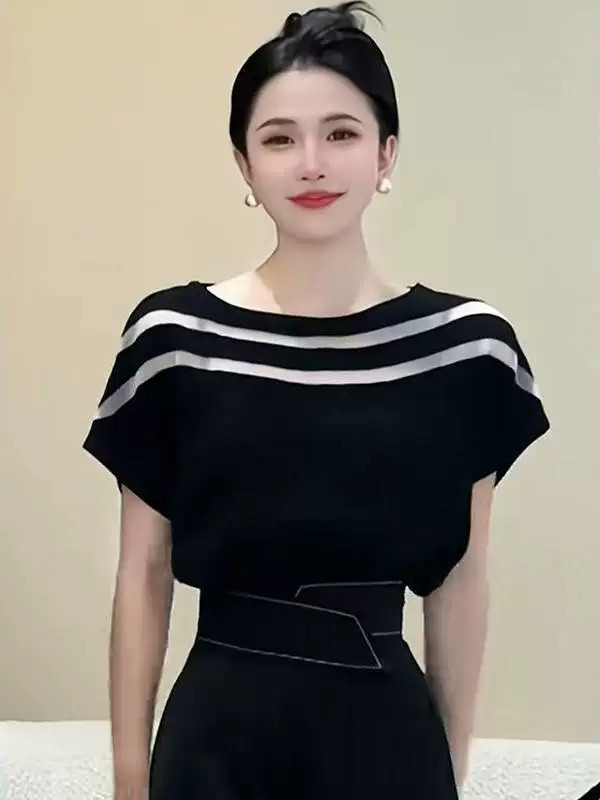韓版夏裝冰絲針織T恤女一字領鏤空蝙蝠袖外穿顯瘦薄款設計感上衣