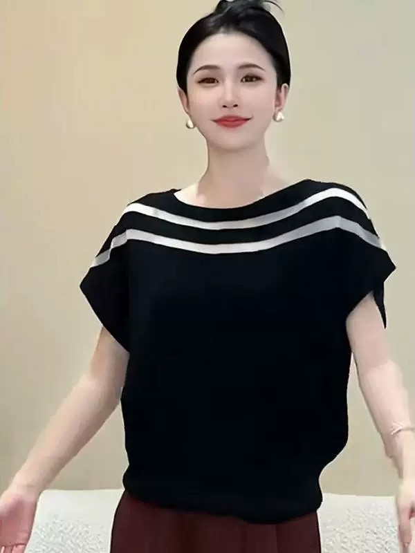 韓版夏裝冰絲針織T恤女一字領鏤空蝙蝠袖外穿顯瘦薄款設計感上衣