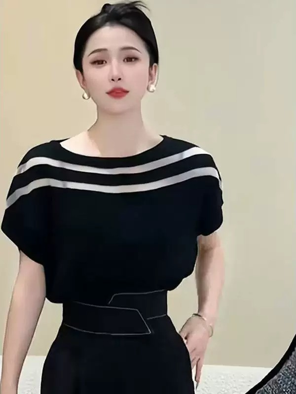 韓版夏裝冰絲針織T恤女一字領鏤空蝙蝠袖外穿顯瘦薄款設計感上衣