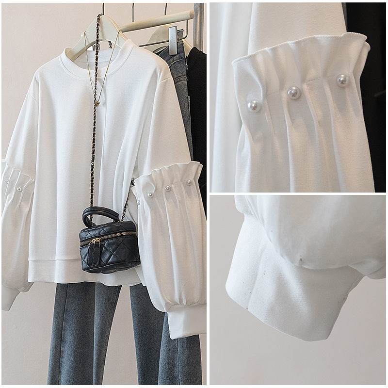 MY14867# 胖mm新款韩系设计感宽松休闲百搭显瘦减龄珍珠上衣女裝貨源...