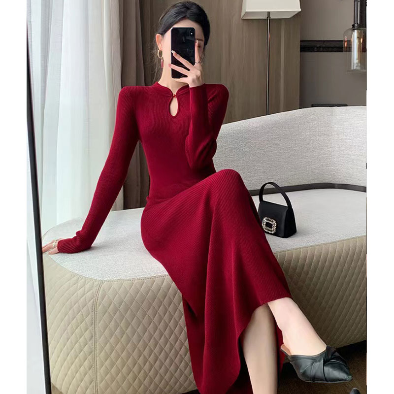 MY14429# 圣诞高级温柔风红色连衣裙胖mm修身显瘦新中式喜庆宴会长裙女裝貨源服裝批發