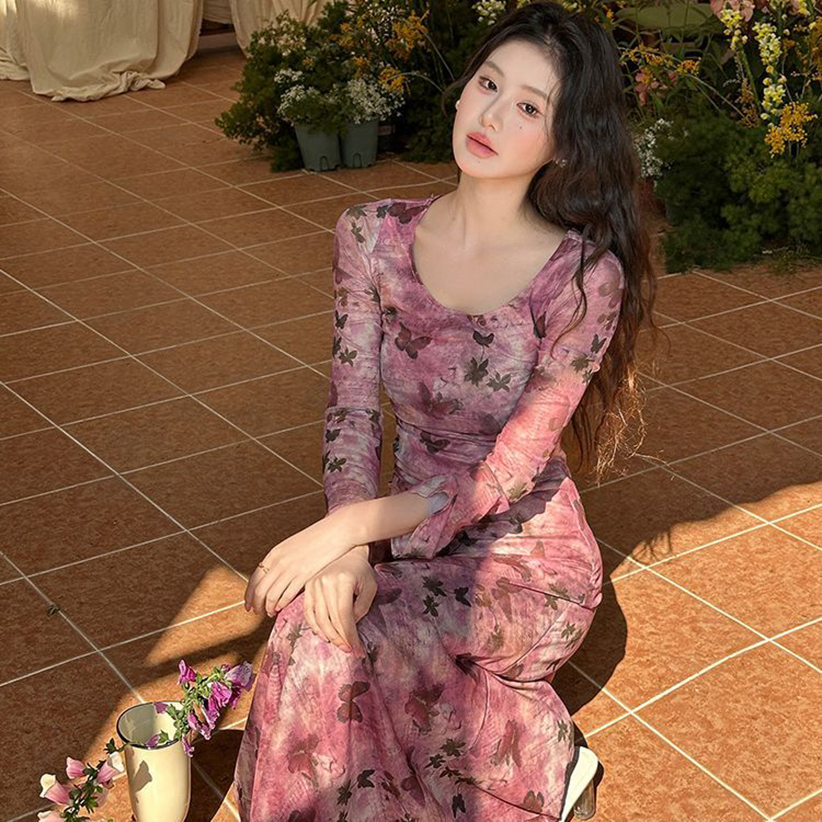 MY14437# 辣妹复古气质网纱蝴蝶印花连衣裙夏季长袖收腰修身显瘦开叉长...