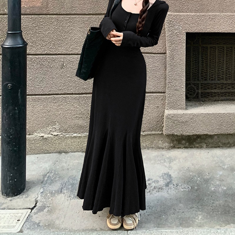 MY14436# 黑色美拉德长袖连衣裙巨好看琥珀流光风长袖气质包臀鱼尾裙女...